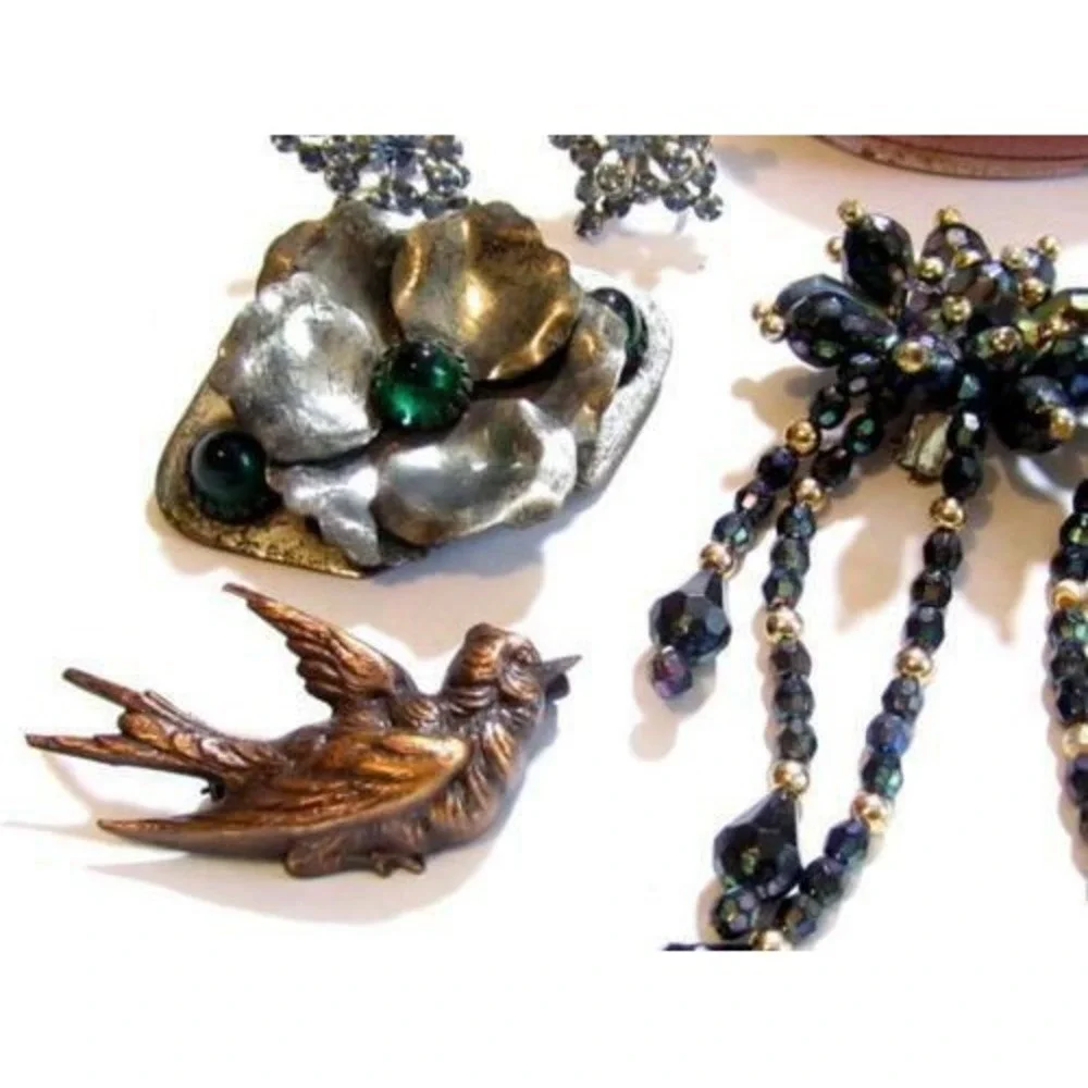 Purple Glass Cuff Bracelet*Copper Bird‎ Pin*Rhinestones*Vintage Jewelry Lot